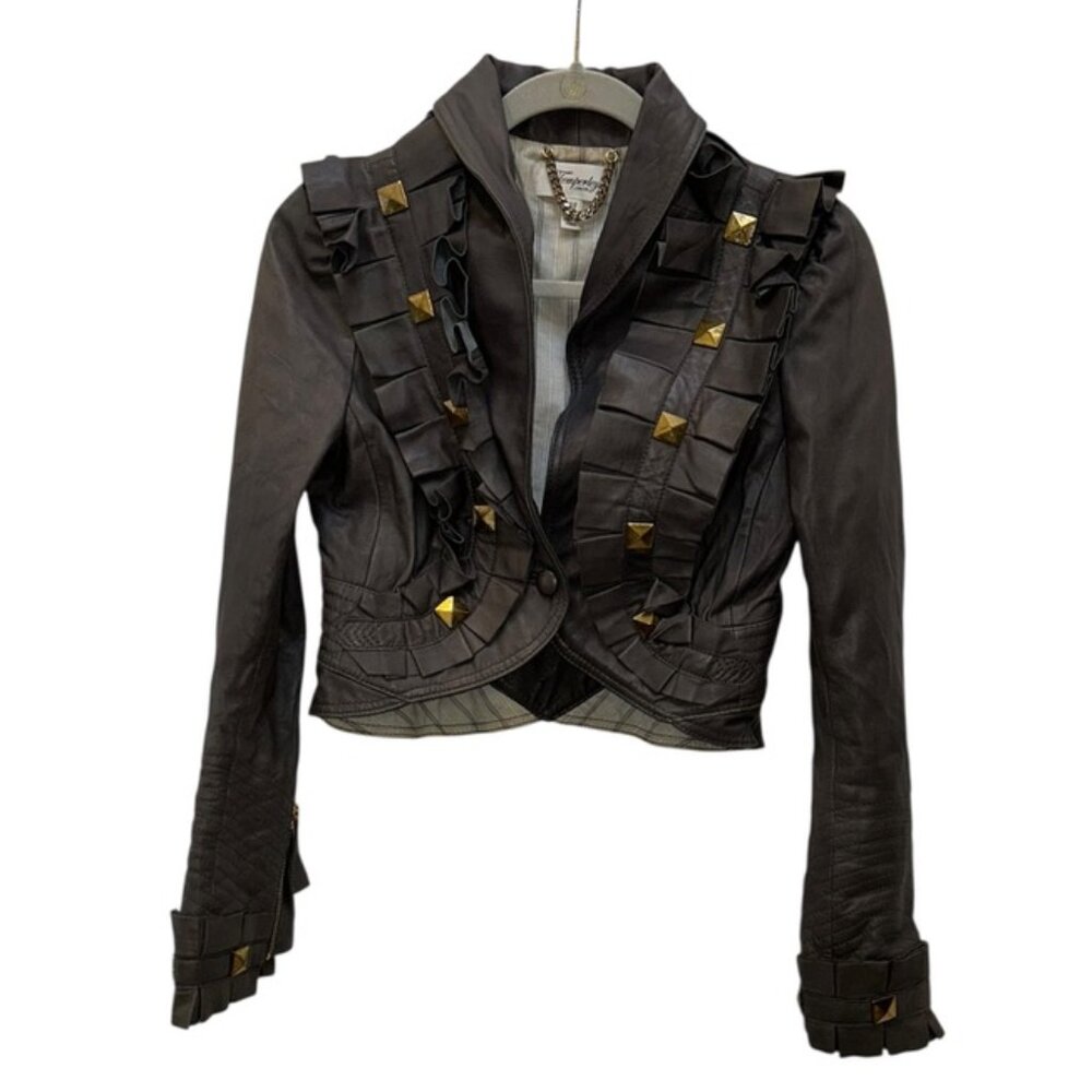 Temperley of London gray leather ruffle studs detail jacket 8